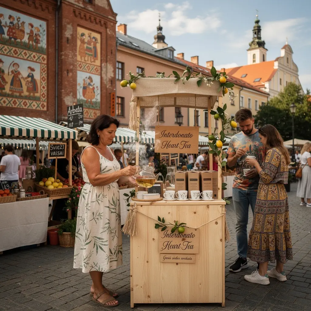 Žmonės, besimėgaujantys arbatos puodeliu gamtoje, su šypsenomis.